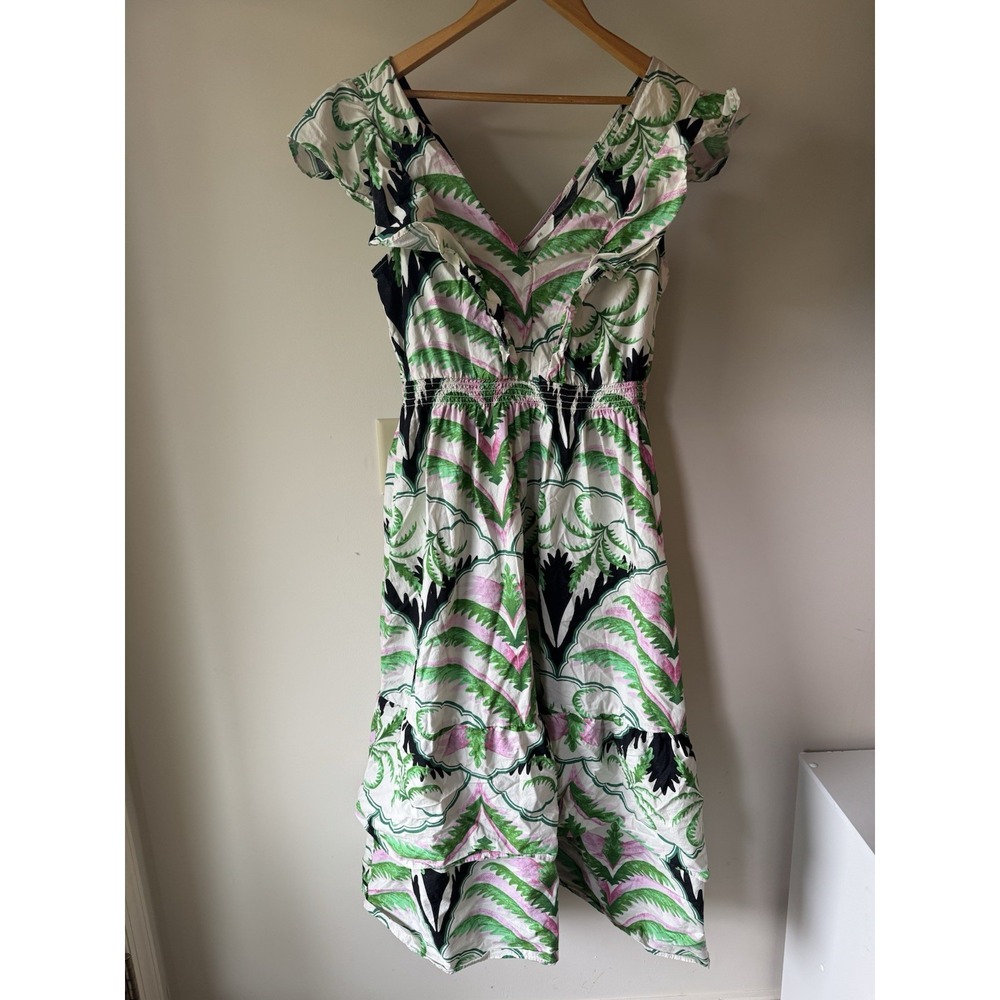 H&M Tropical Palm Print Midi Dress Green Pink Smocked Waist Ruffle V-Neck M